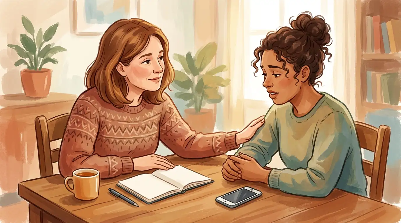 Kalme illustratie van hulp, melding en gesprek rond gokzorgen