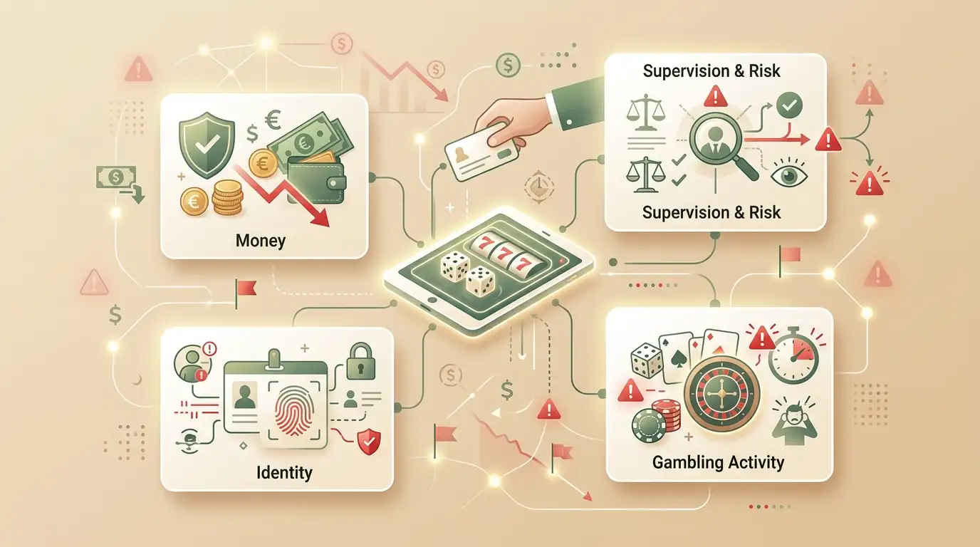 Visuele risicokaart met waarschuwingssignalen rond controle, geld en gegevens