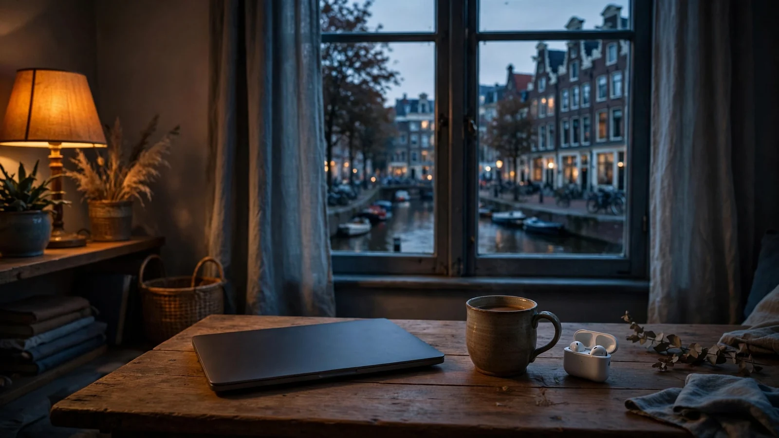 Sfeervol Nederlands interieur met gesloten laptop bij het raam