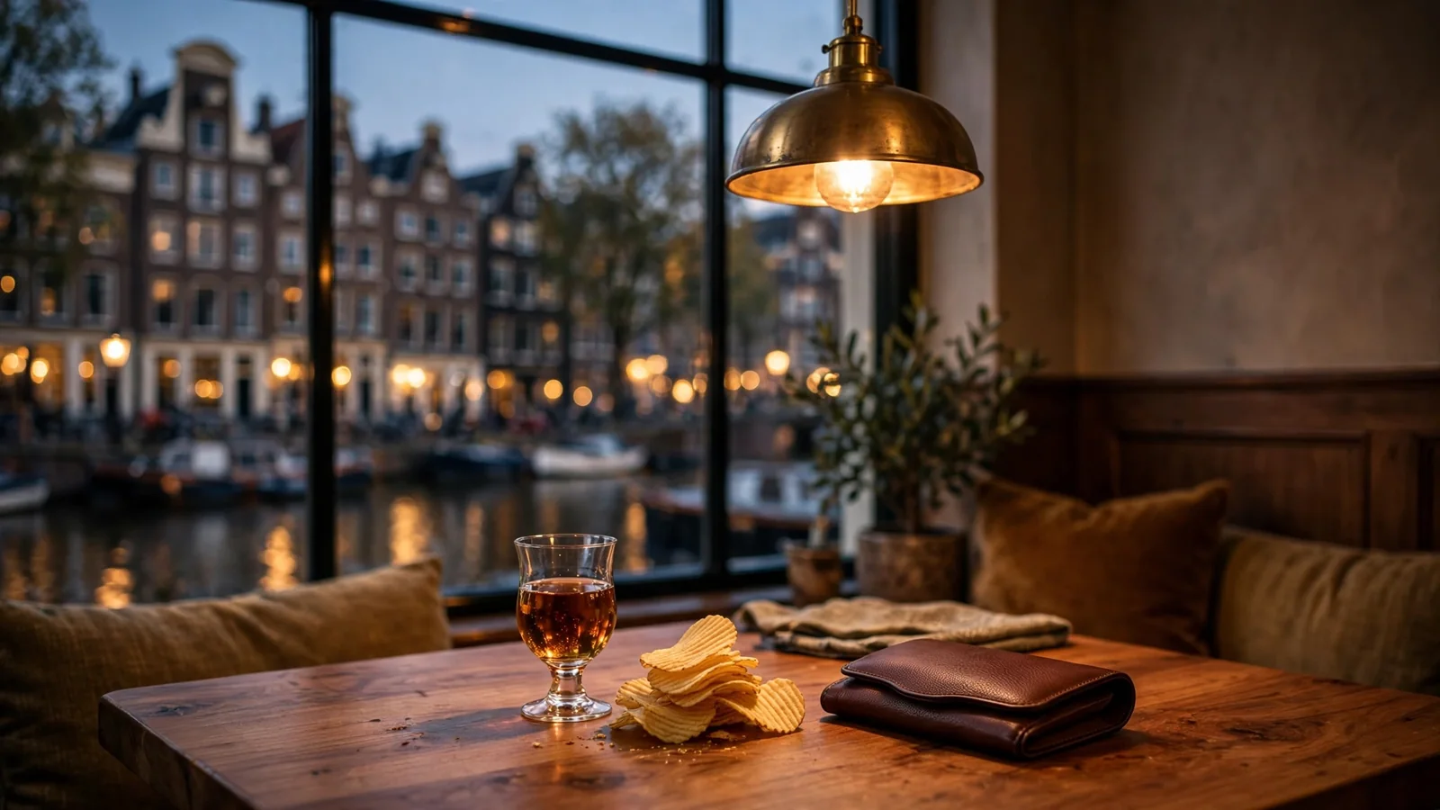 Stijlvolle Nederlandse lounge met houten tafel en kaartspelbenodigdheden