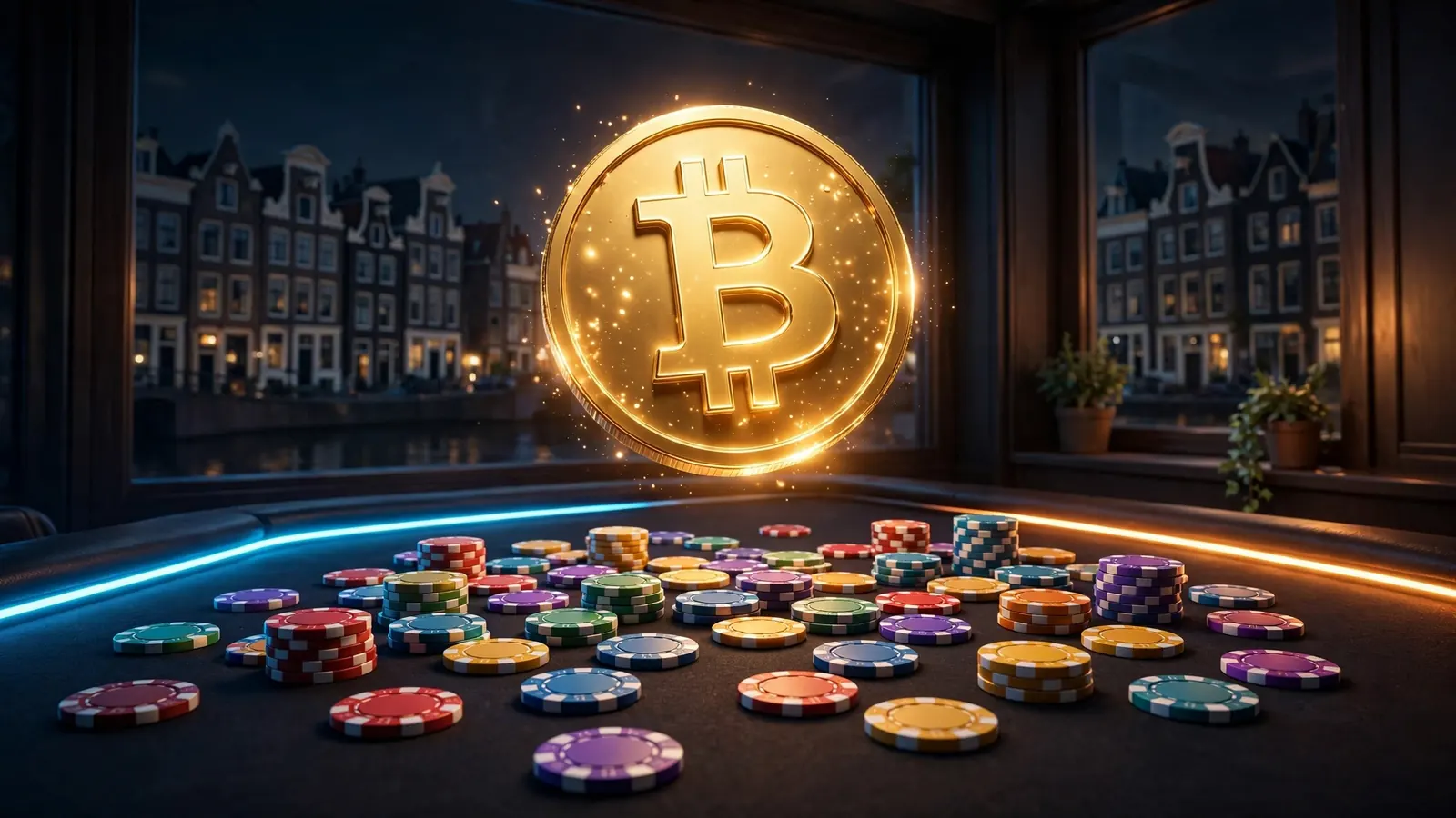 Bitcoin munt boven casinotafel met chips, Nederlandse sfeer