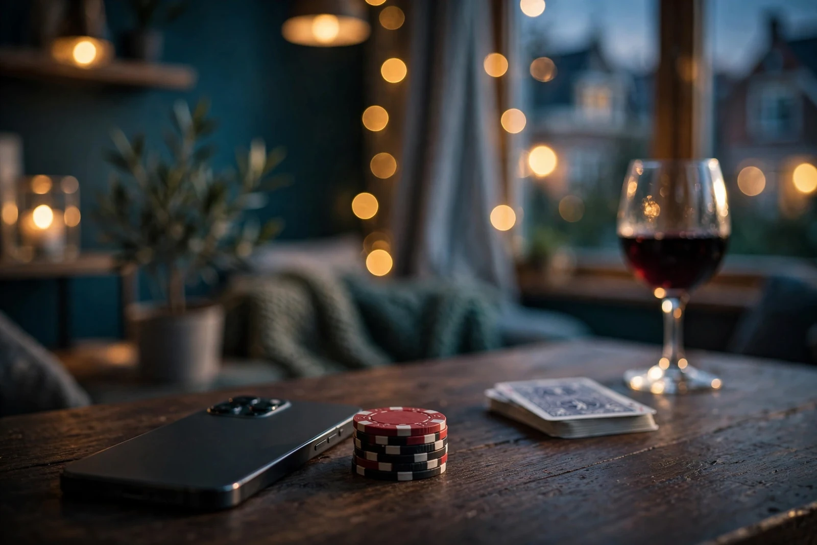 Smartphone en casinofiches op tafel in modern interieur