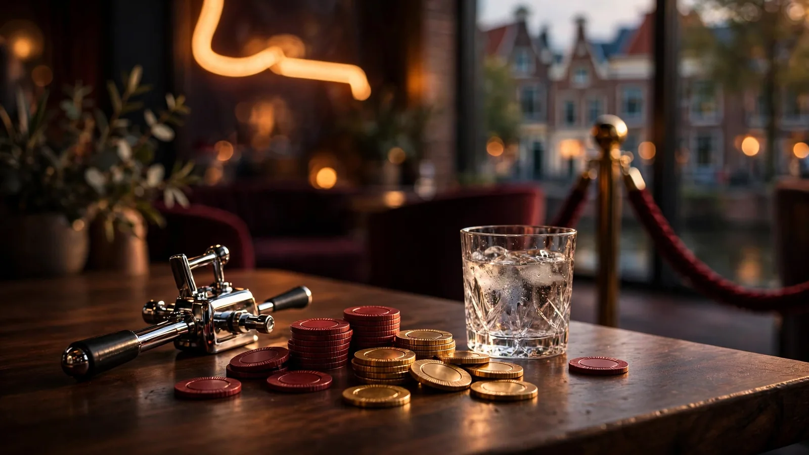 Elegant casinospelers sfeer met chips en fruitautomaat detail