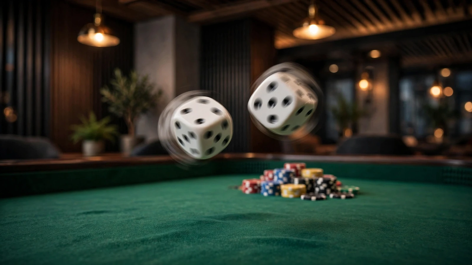 Twee witte dobbelstenen rollen boven een groene craps-tafel in een casino