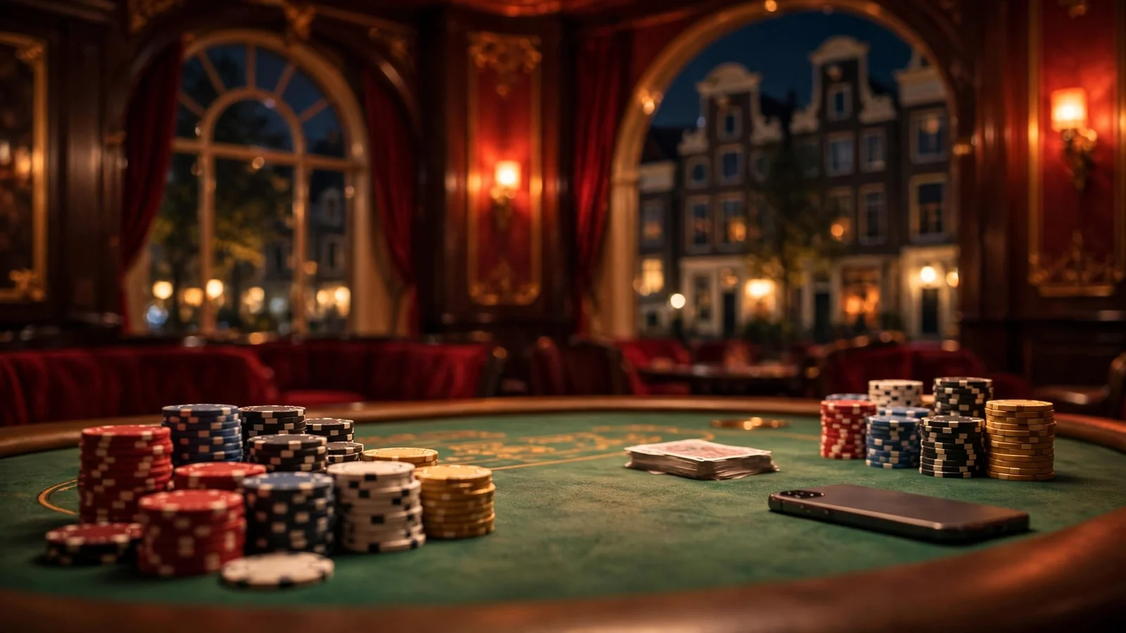 Elegant casino-interieurscène met pokertafel, chips en een smartphone.