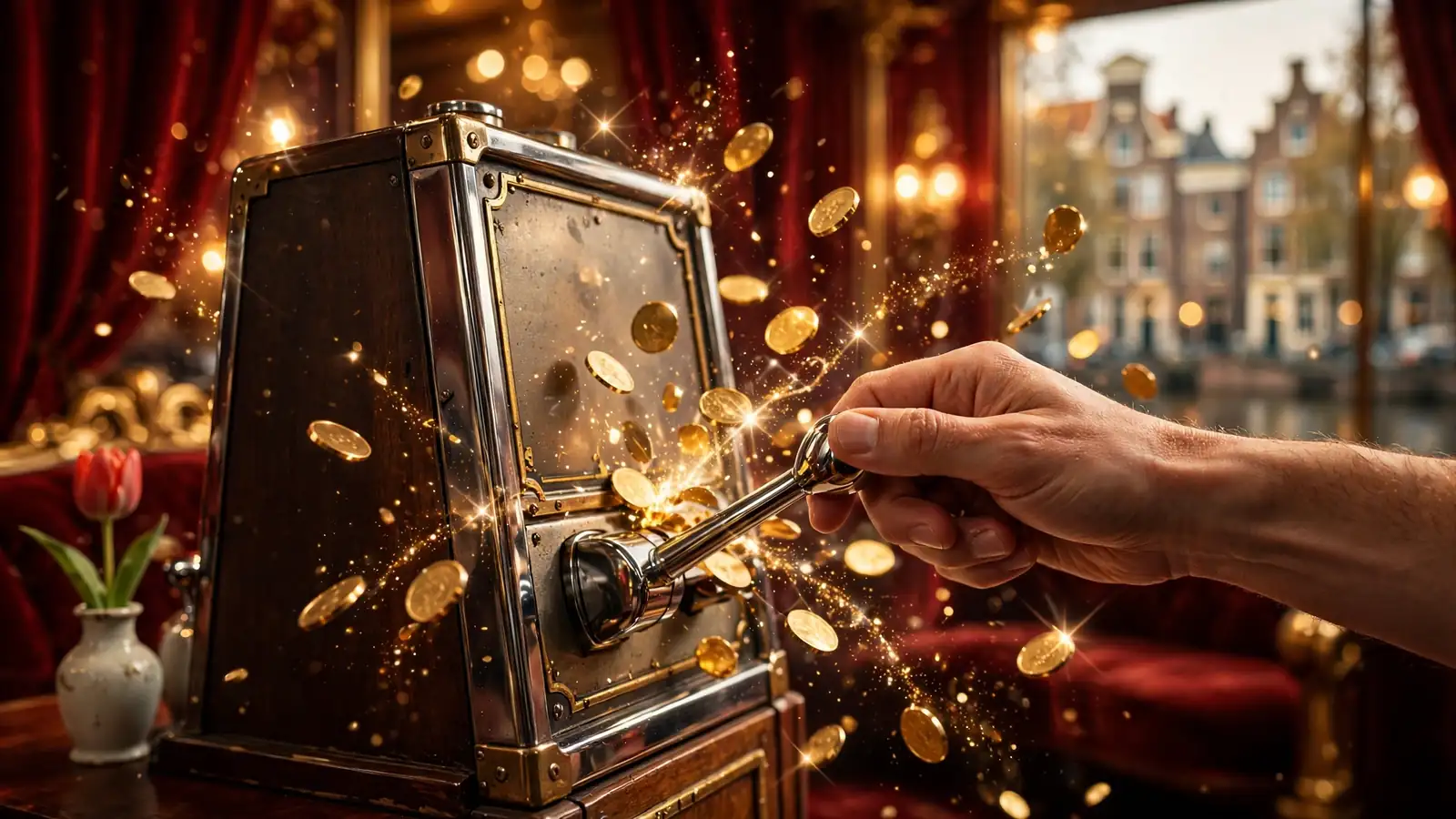 Hand trekt aan de hendel van een gokkast met gouden munten en een rode tulip