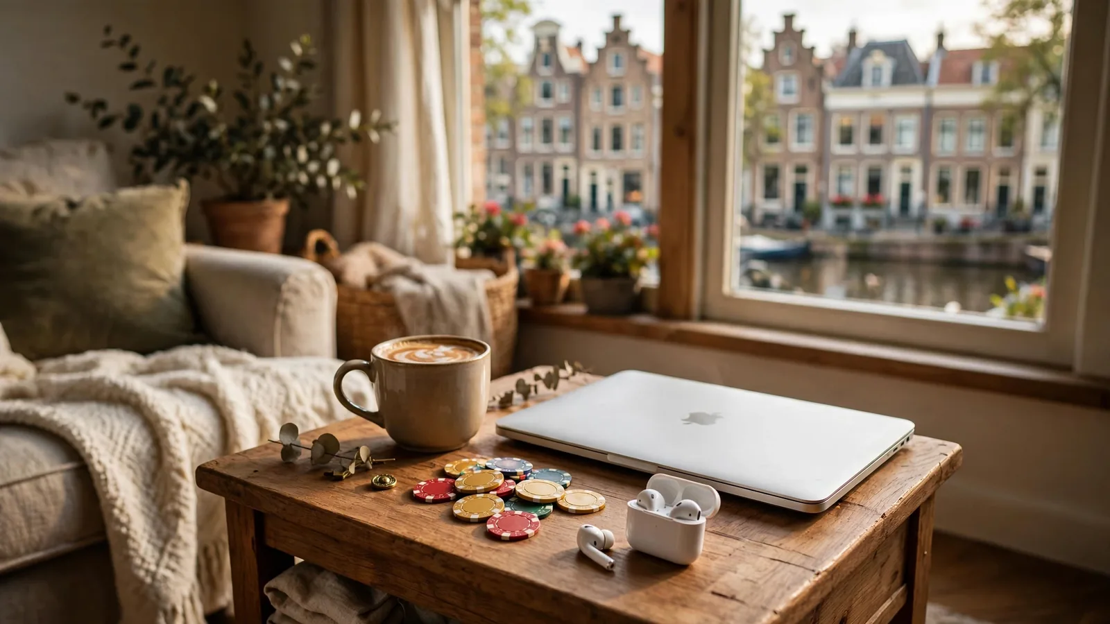 Stijlvolle woonkamer met koffie, laptop en casinofiches bij het raam