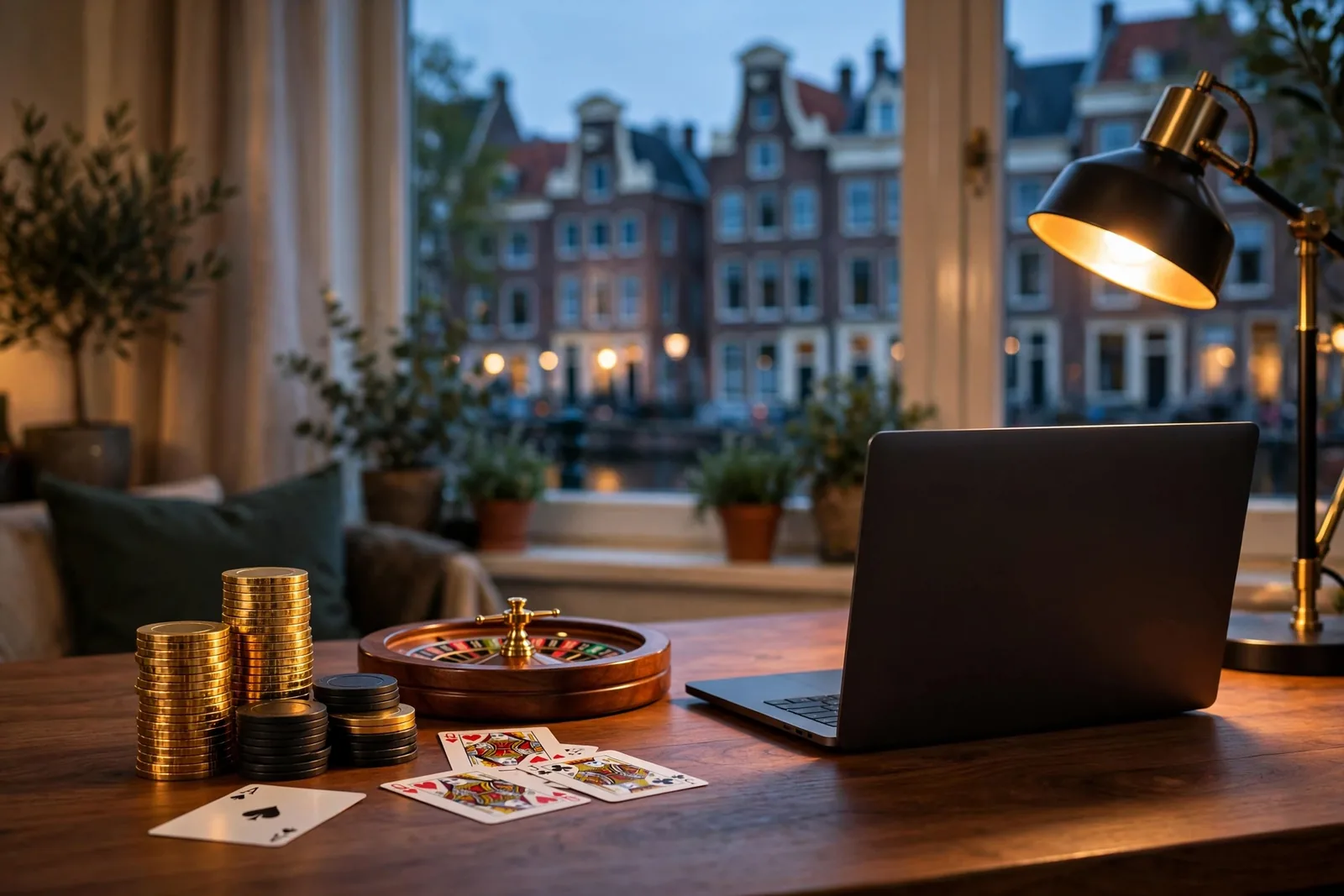 Stapel gouden casinofiches en roulettewiel op tafel in een Amsterdamse woning