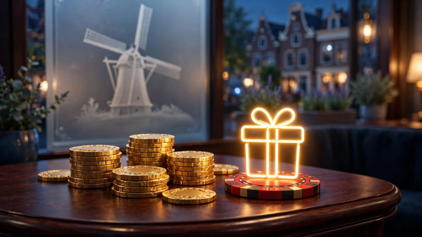 Sfeervolle casinotafel met gouden chips en een welkomstbonus geschenk in Nederlandse setting