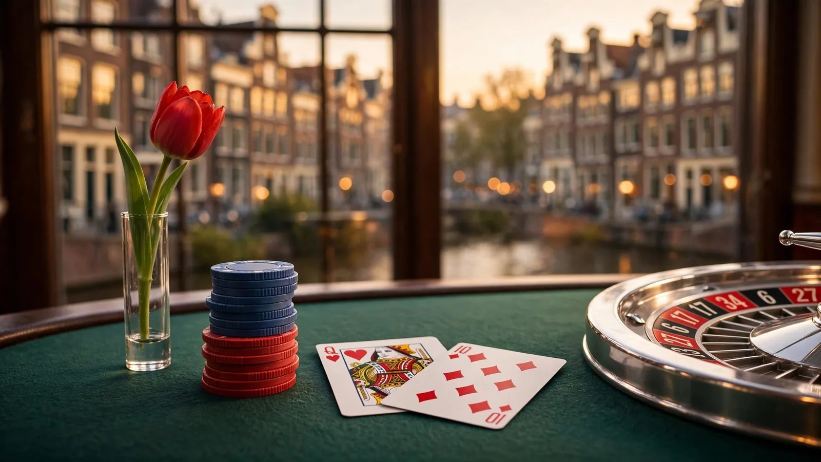 Casinochips en roulettewiel op groene tafel met Amsterdamse grachtenpanden op de achtergrond