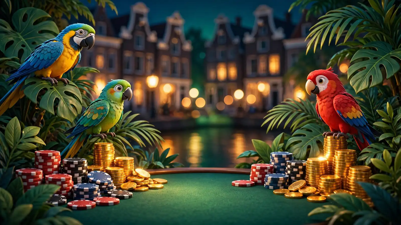 Kleurrijke papegaaien bij casinomunten met Nederlandse grachtenpanden op de achtergrond