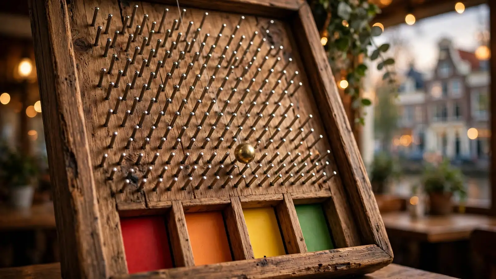 Close-up van een houten Plinko-bord met een vallende bal en gekleurde multipliervakken onderaan