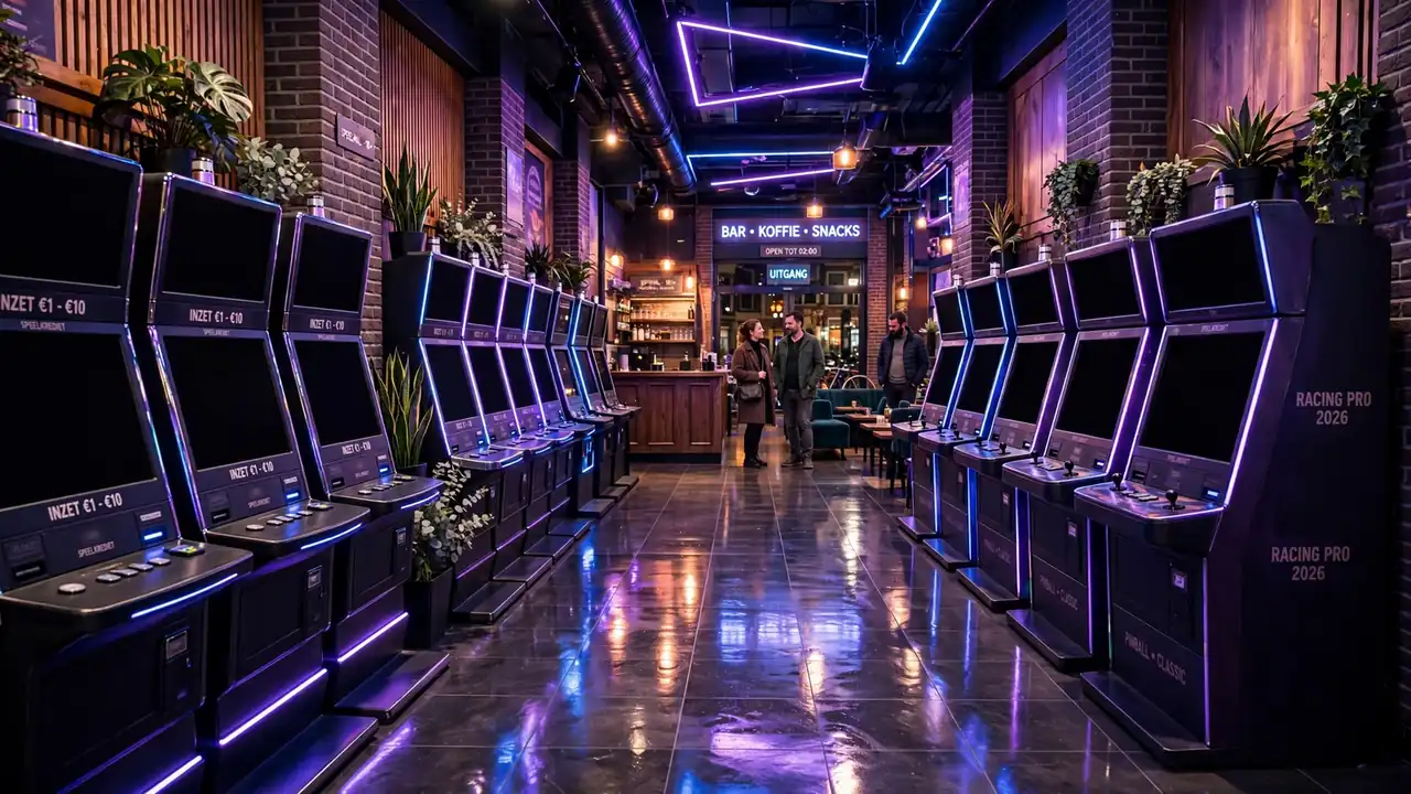 Interieur van een moderne Nederlandse speelhal met kleurrijke verlichting en automaten