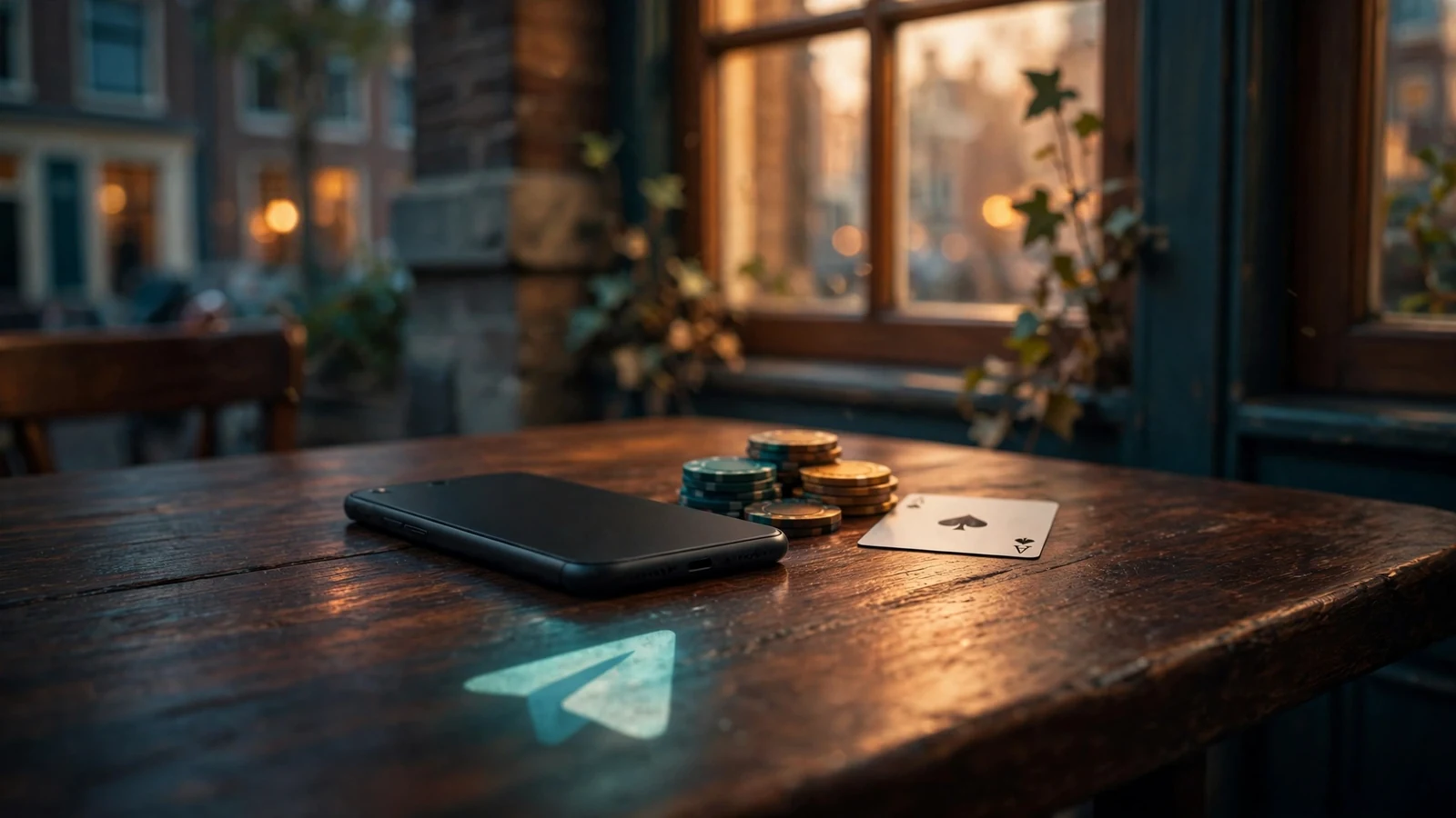 Telefoon met Telegram-icoon op een cafétafel in Amsterdam, met pokerfiches ernaast.